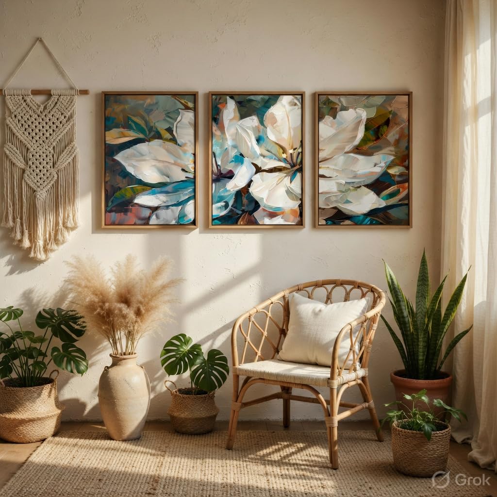 Abstract Floral Wall Painting Set of 3 with Wooden Frames | Modern White Flower Artwork HD Sparkle Laminated MDF Wall Decor | Contemporary Floral Wall Art for Living Room Bedroom