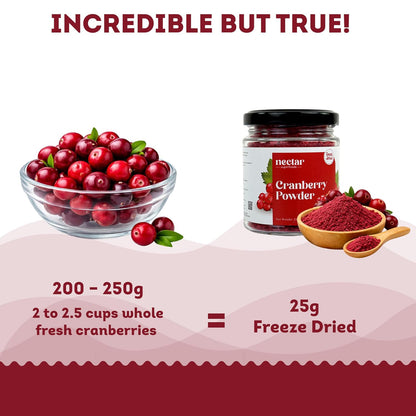 Nectar Superfoods Freeze-Dried Cranberry Powder, 25g | 100% Natural, No Added Sugar, Preservative-Free & Vegan | Rich in Antioxidants | Made in India | Smoothie, Baking & Health Drink Ingredient