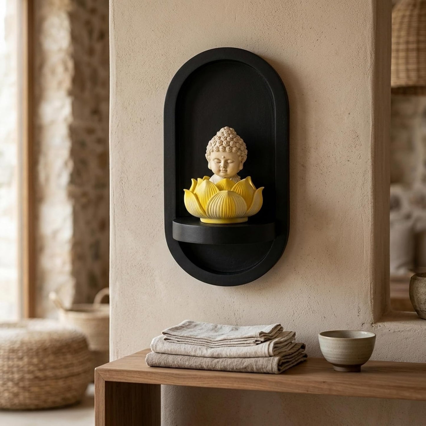 eCraftIndia White Lord Buddha Idol in Yellow Lotus Base | Baby Buddha Statue for Car Dashboard Office Home Decor | Gift for Diwali Housewarming Birthday