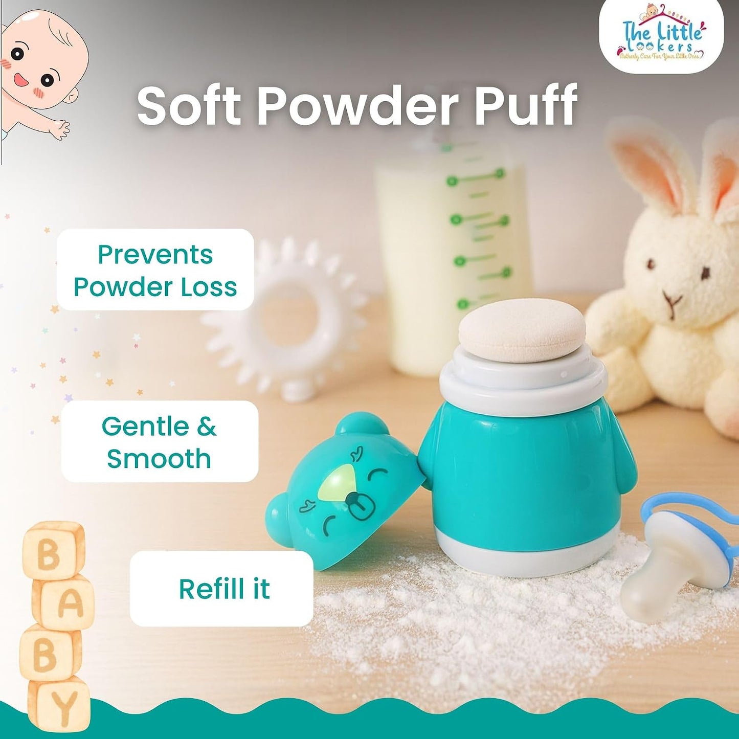 THE LITTLE LOOKERS Portable Baby Skin Care Baby Powder Puff With Box Holder Container For New Born & Kids For Baby Face & Body (Green)