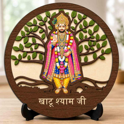 Plan To Gift Khatu Shyam Ji Table Top Wooden Idol/Murti for Mandir Decoration, Office Desk & Festive Gift - 5x5 Inch
