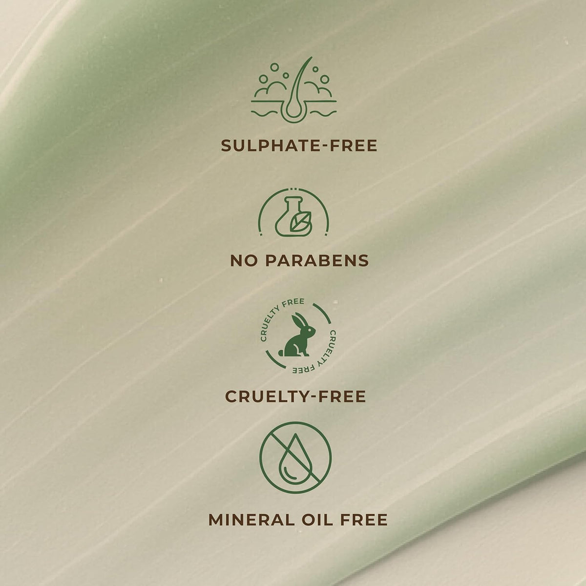 Green product packaging with certification icons for sulfate-free, no parabens, cruelty-free, and mineral oil-free on a green background.