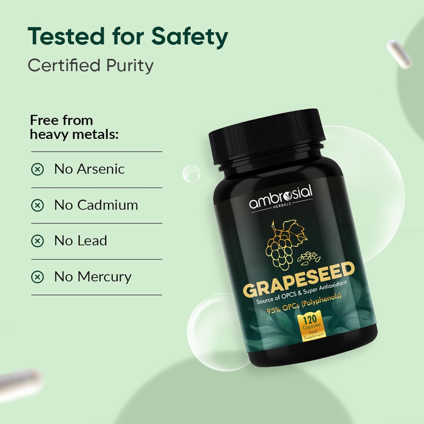 Grapeseed supplement bottle with safety certification details on a green background
