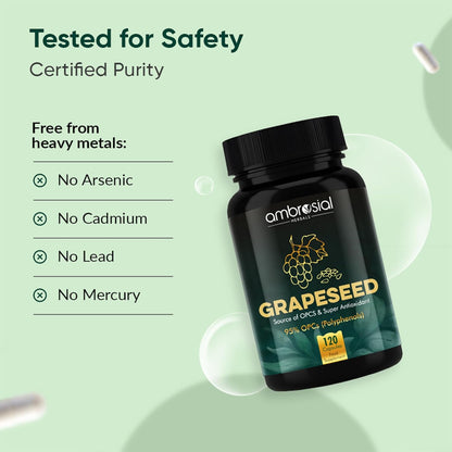 Grapeseed supplement bottle with safety certification details on a green background