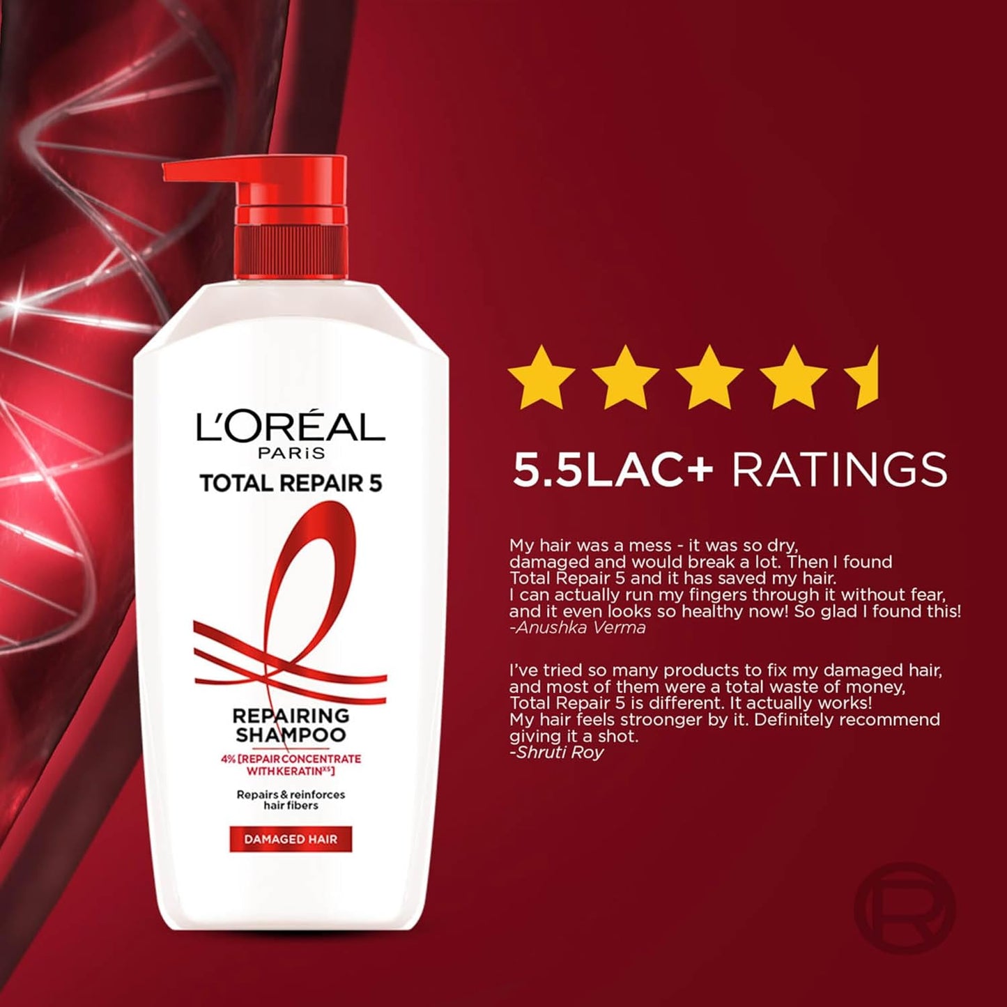 L'Oreal Paris Total Repair 5 Shampoo, For Repairing 5 Signs Of Damaged Hair, With Keratin Xs | 800Ml