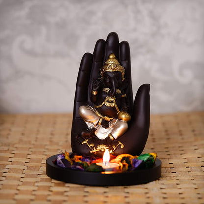 Black Golden Resin Palm Ganesha Idol Showpiece Potpourri Tea Light Candle Holder| Lord Buddha Statue Tea Light Holder| Diwali Decoration Items for Home Decor | Gift for Diwali Housewarming