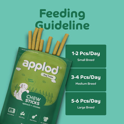 Applod Soft Spinach & Chicken Chew Sticks for Puppies, Adult & Senior Dogs | Nutritious Soft Chew Training Treats Gentle on Teeth | Healthy Veggie Dog Snacks | 70g