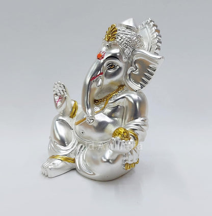 Gold Art India Matte Silver Plated Gaddi Ganesh Idol For Car Dashboard Small Ganesha Murti Ganpati Idol For Home Decor Puja Lord Ganesh Statue Gift For Office Desk Puja Room Figurine