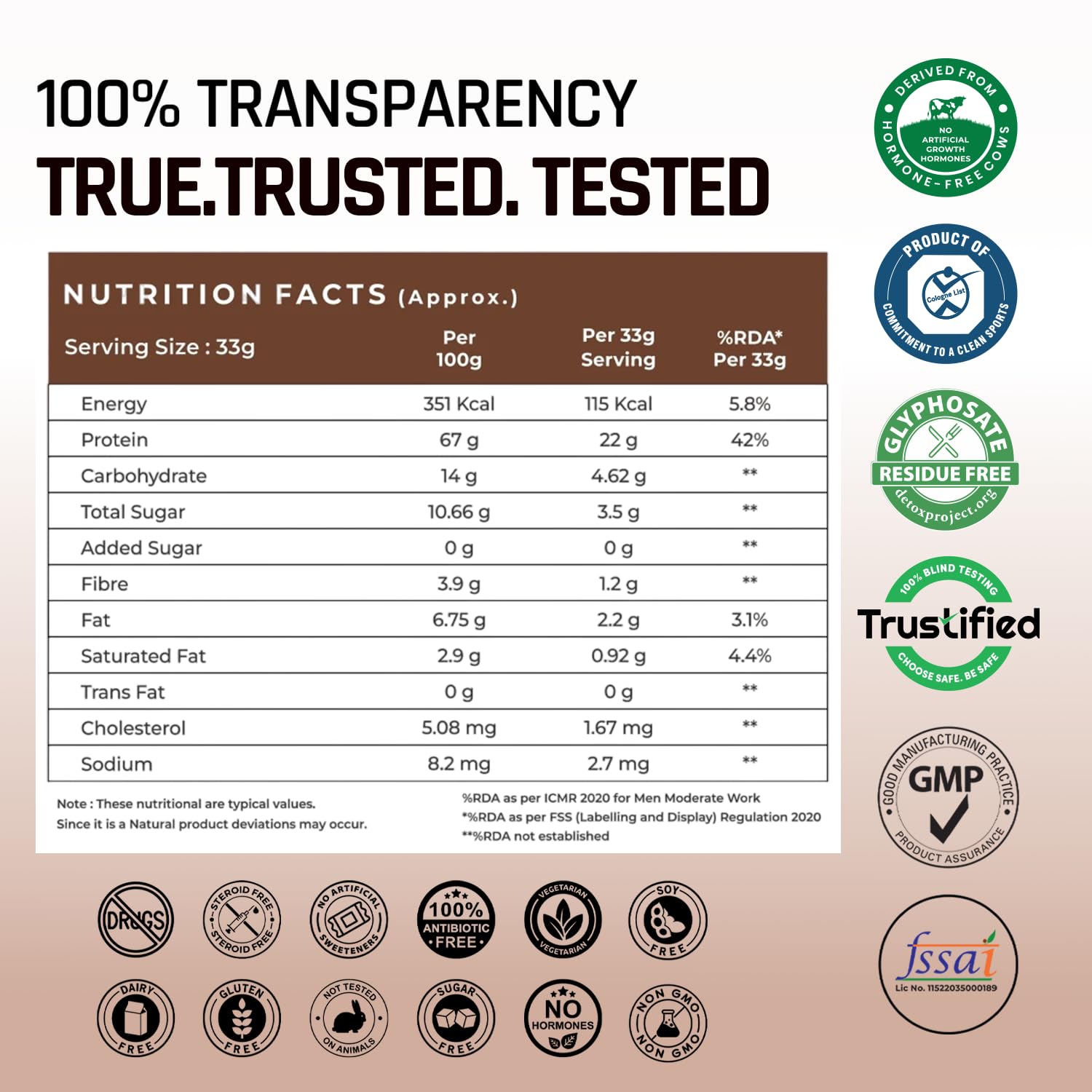 Nutrition facts label with certification logos on a beige background