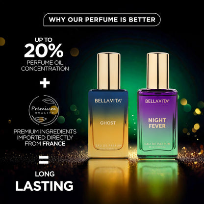Two Bellavita perfume bottles with promotional text on a dark background