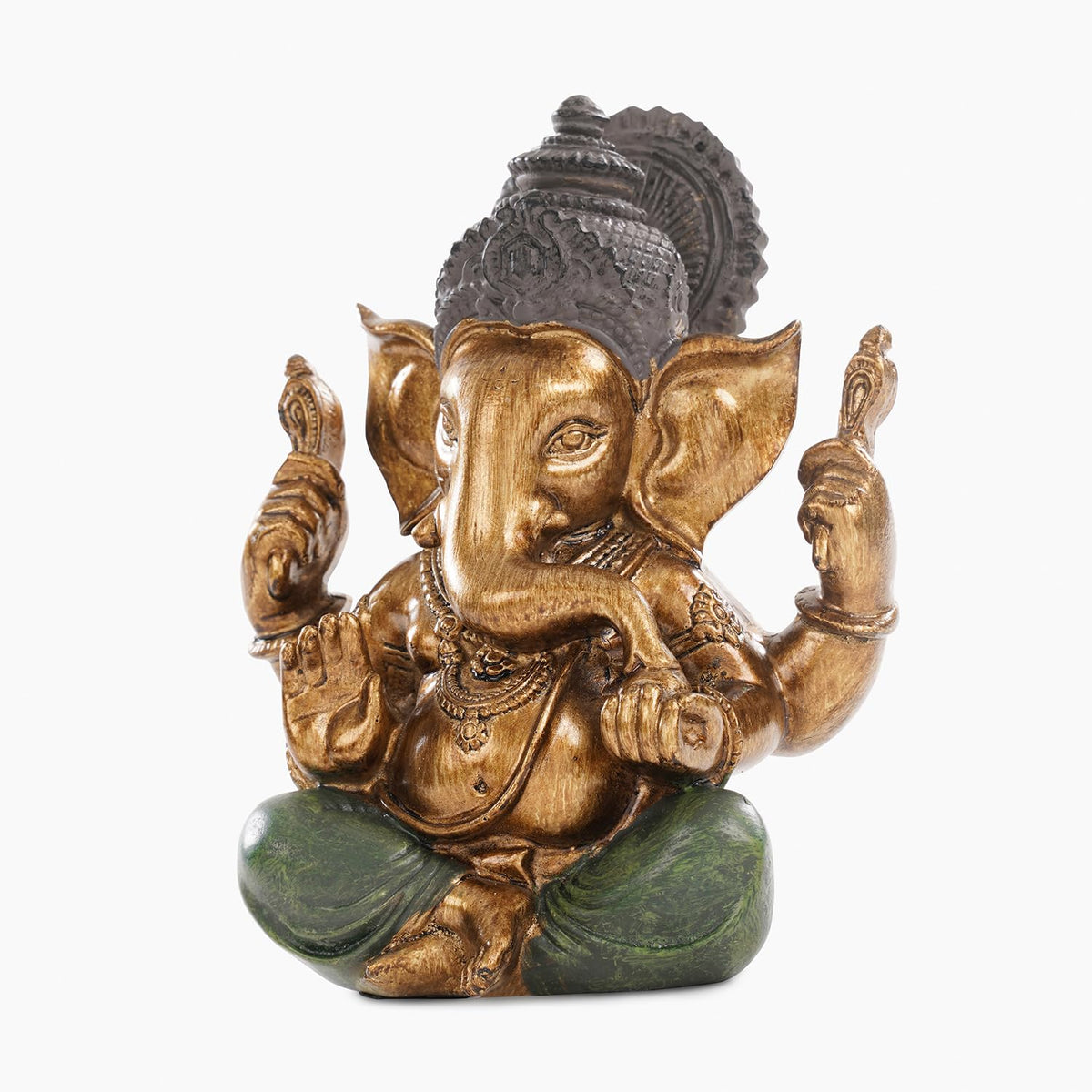 Dark Green Antique Gold Polyresin Sitting Ganesha - Medium Beautiful Lord Ganesha Idol Figurine Showpiece Sculpture Hindu Polyresin Car Dashboard Ganesh Ji Statue (Pack of 1)