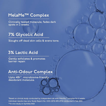 Product description card for MelaMe Complex with acid components and oil and water droplets.