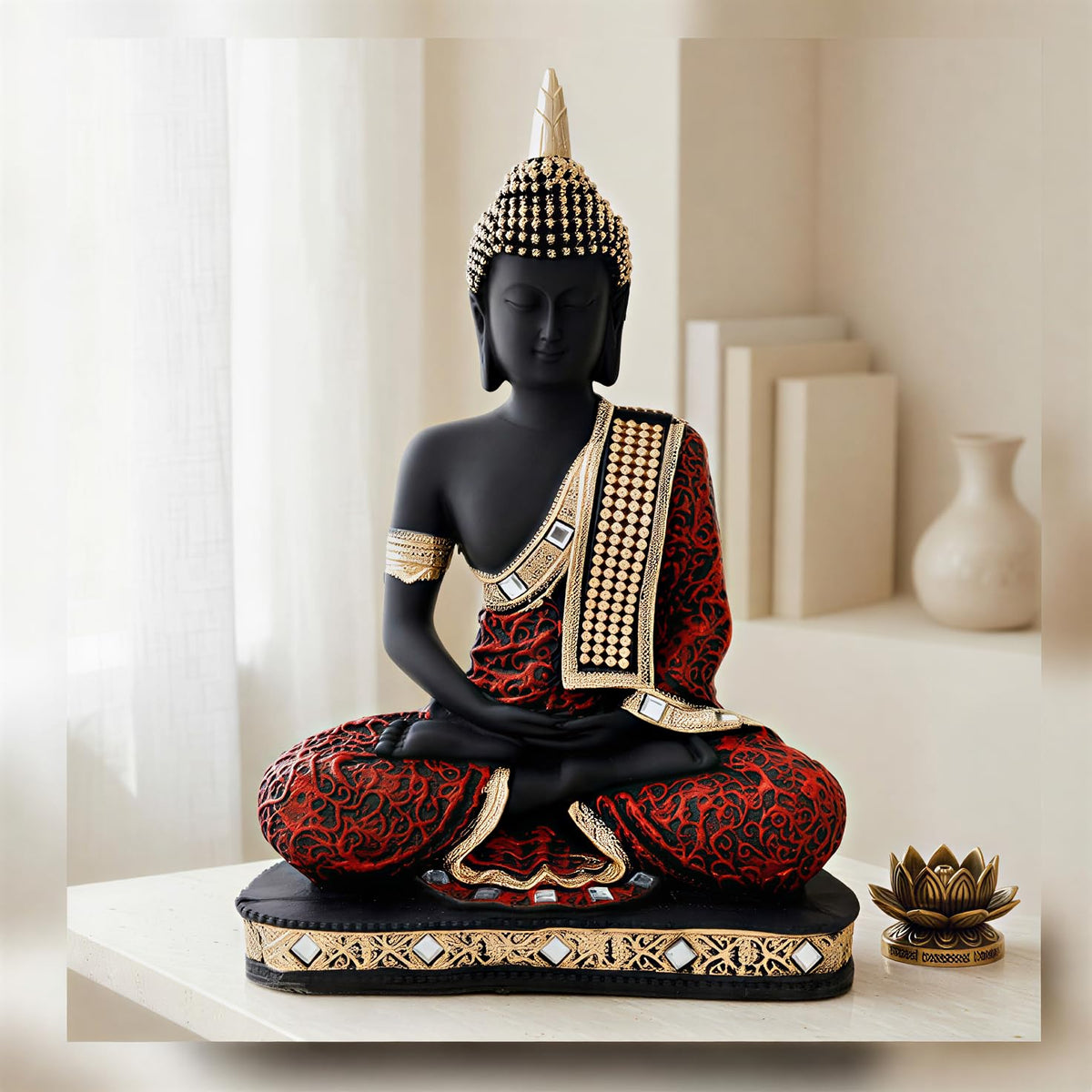 New Limited Edition 25 Centimetre Meditating Sitting Buddha Idol Statue showpiece Home Decor Decoration Items for Living Room and Gifts (Red Black)