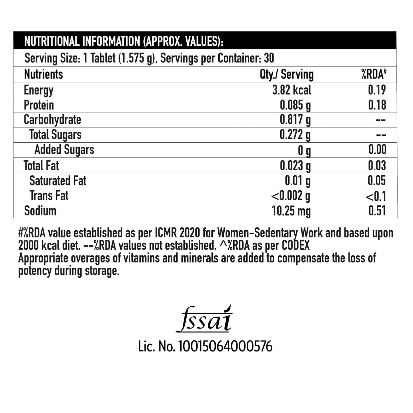 Nutritional information label for a supplement tablet on a white background