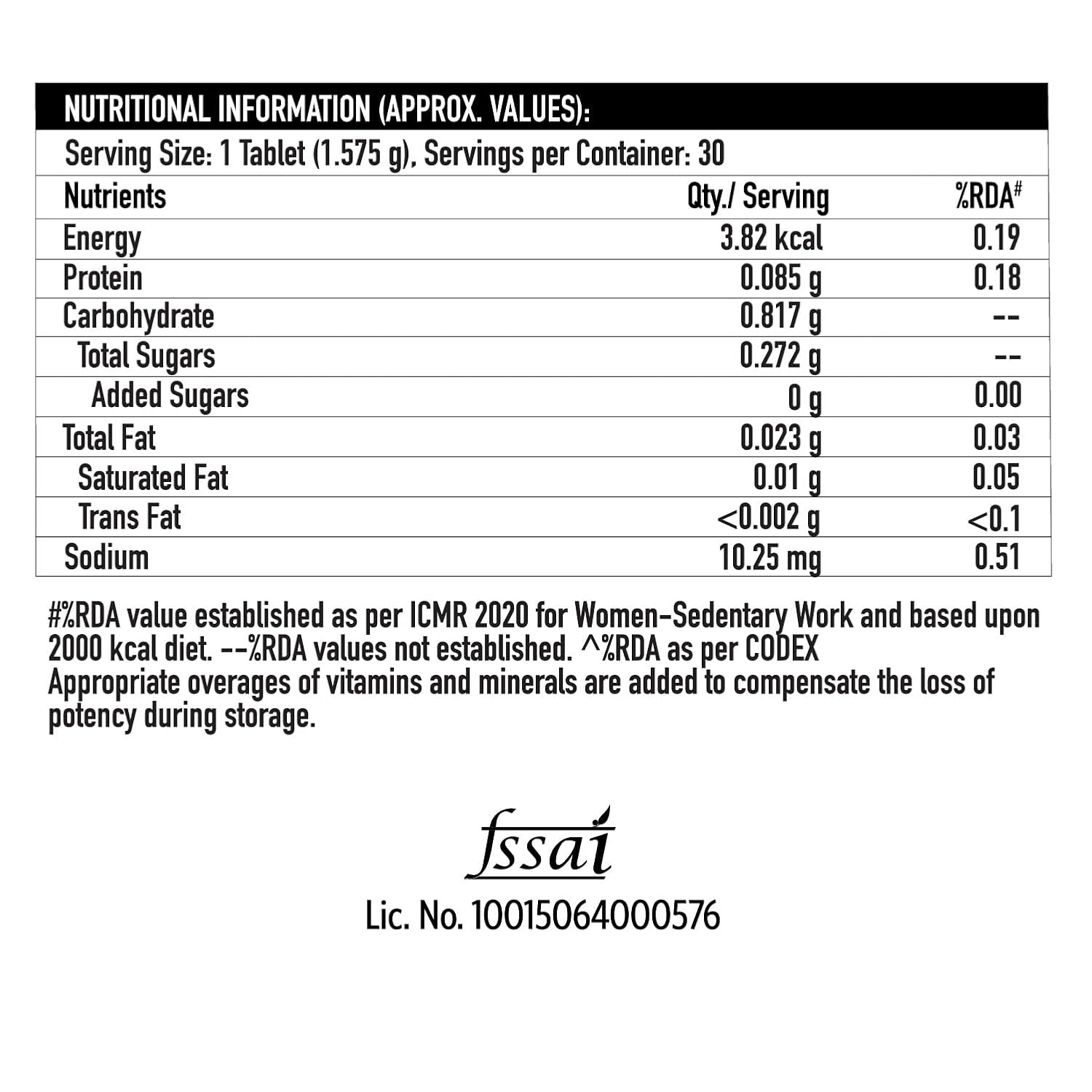 Nutritional information label for a supplement tablet on a white background