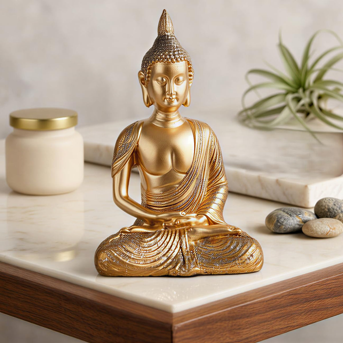 New Sitting Meditating Buddha Statue showpiece Idol Home Decor Items for Living Room and Gifts (Golden 1)