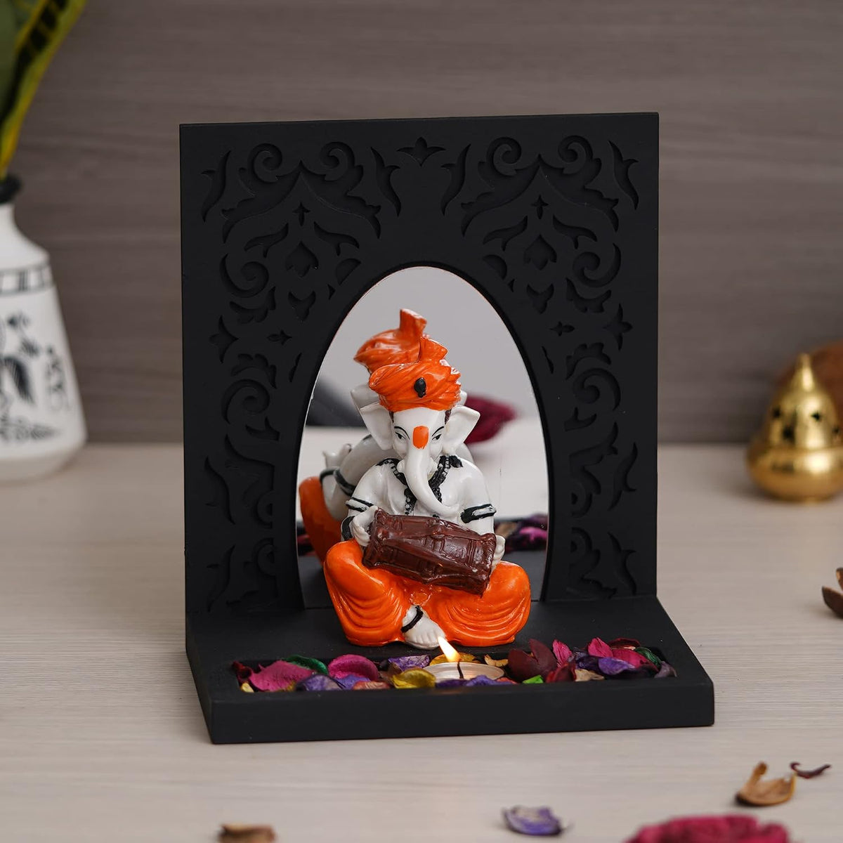 Orange White Resin Lord Ganesha Idol Playing Dholak Showpiece Potpourri Tea Light Candle Holder| Ganpati Murti Tea Light Holder Diwali Decoration Items for Home Decor Office| Diwali Gift