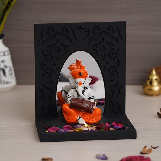 Orange White Resin Lord Ganesha Idol Playing Dholak Showpiece Potpourri Tea Light Candle Holder| Ganpati Murti Tea Light Holder Diwali Decoration Items for Home Decor Office| Diwali Gift
