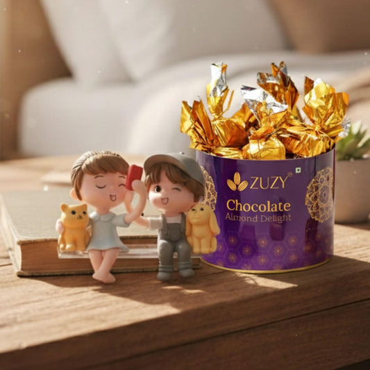 eCraftIndia Couple Statue Miniature Showpiece and Zuzy Almond Chocolates Gift Box | Valentine Gift for Girlfriend Boyfriend Husband Wife Her Him Valentine Decoration Items