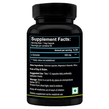 Nutriosys L-Tyrosine 500mg Supports Cognitive Health & Brain Function, Essential For Thyroid Functions - 90 Veg Capsules