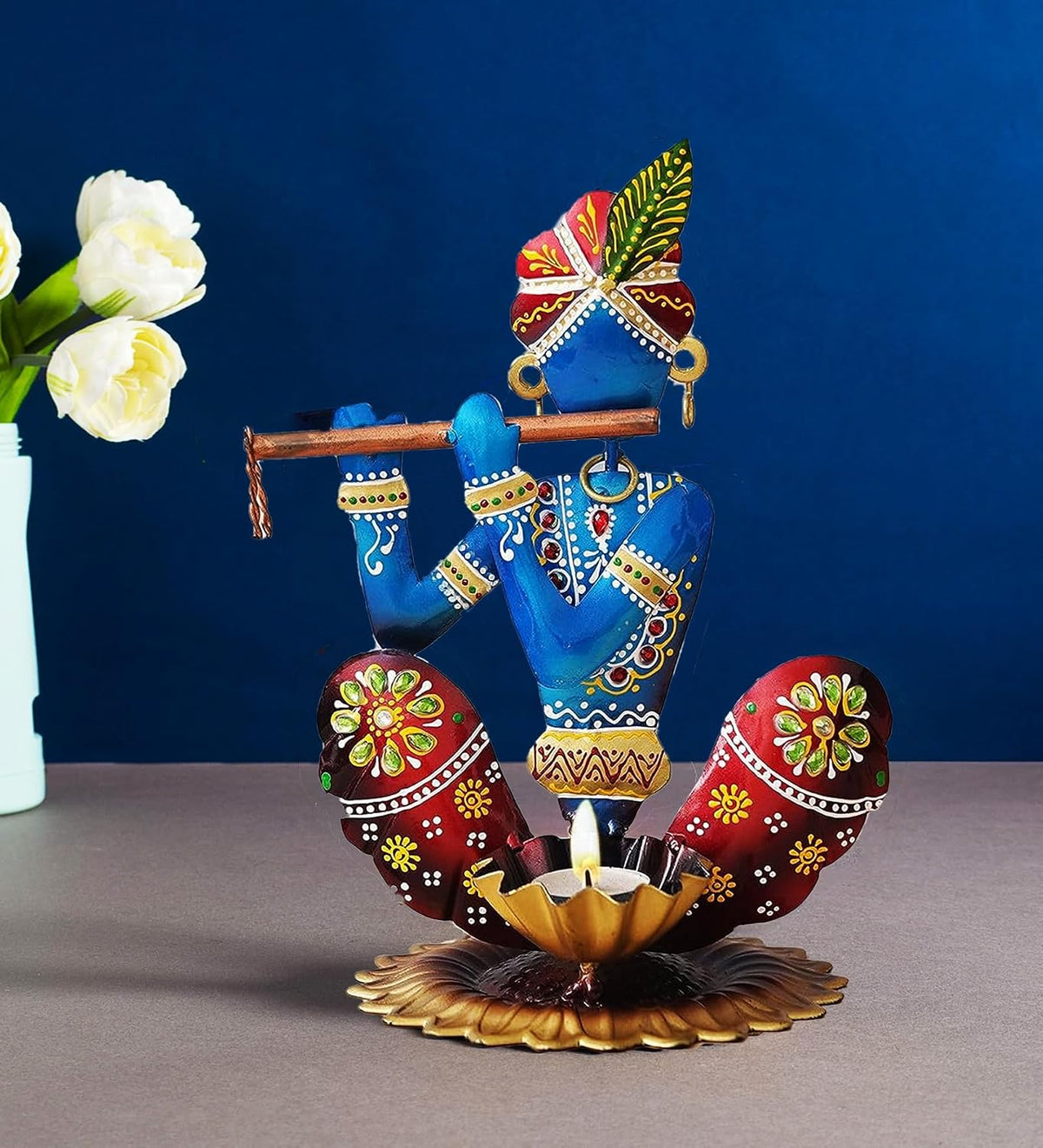 Home Decor Items - Home Decoration Gift for Living Room - House Warming Wedding Gift - Metal Krishna Showpiece - Handpainted Flute Krishna for Gift