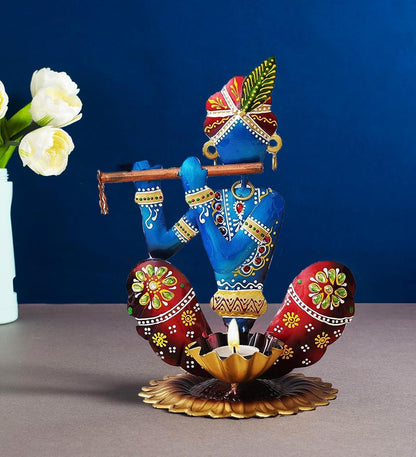 Home Decor Items - Home Decoration Gift for Living Room - House Warming Wedding Gift - Metal Krishna Showpiece - Handpainted Flute Krishna for Gift