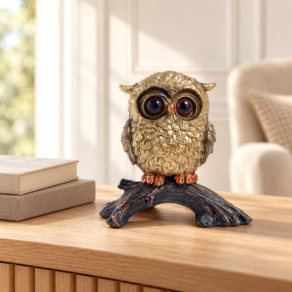 Owl Figurine on Natural Wood-Look Log Base Resin Decorative Showpiece for Home & Office Décor (Gold & Black, Small)