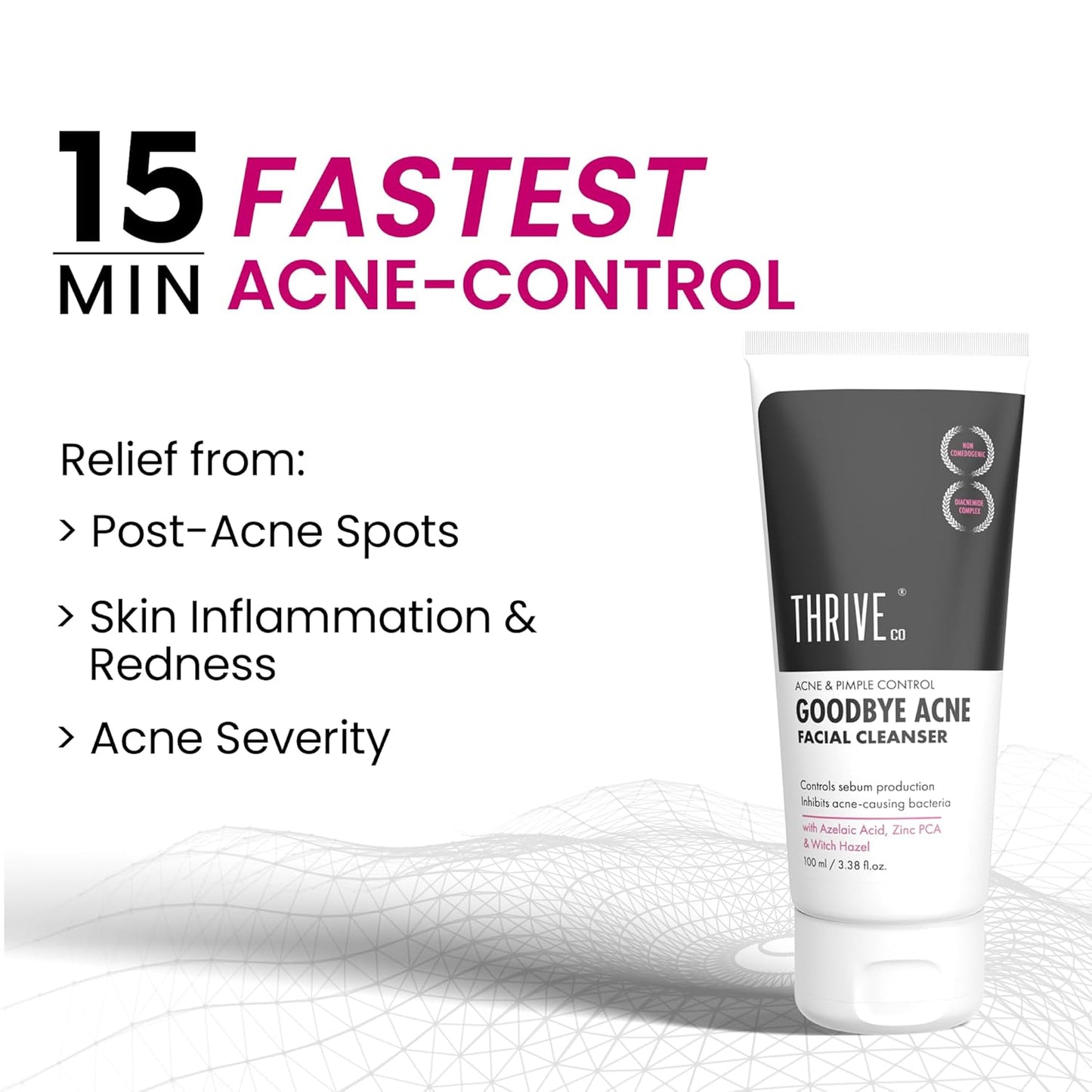 Thrive Goodbye Acne Facial Cleanser with product packaging and text on a white background