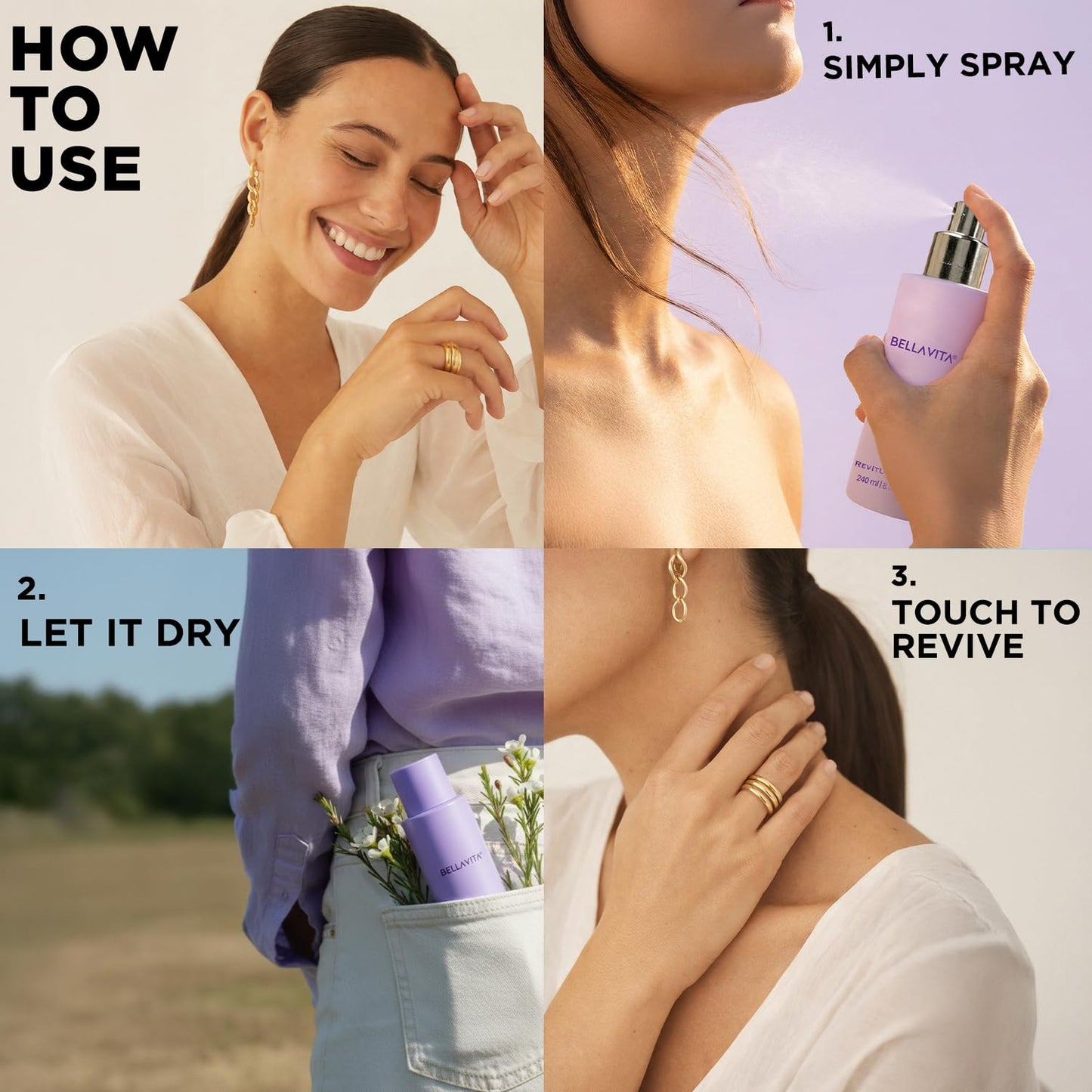 Step-by-step guide on how to use a product, with a woman applying it and spraying it.
