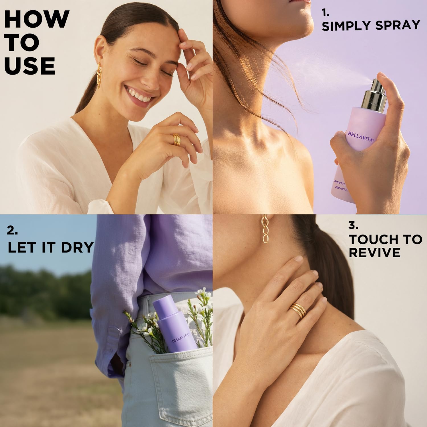 Step-by-step guide on how to use a product, with a woman applying it and spraying it.