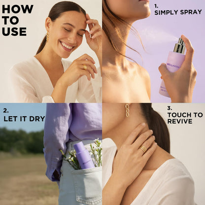Step-by-step guide on how to use a product, with a woman applying it and spraying it.