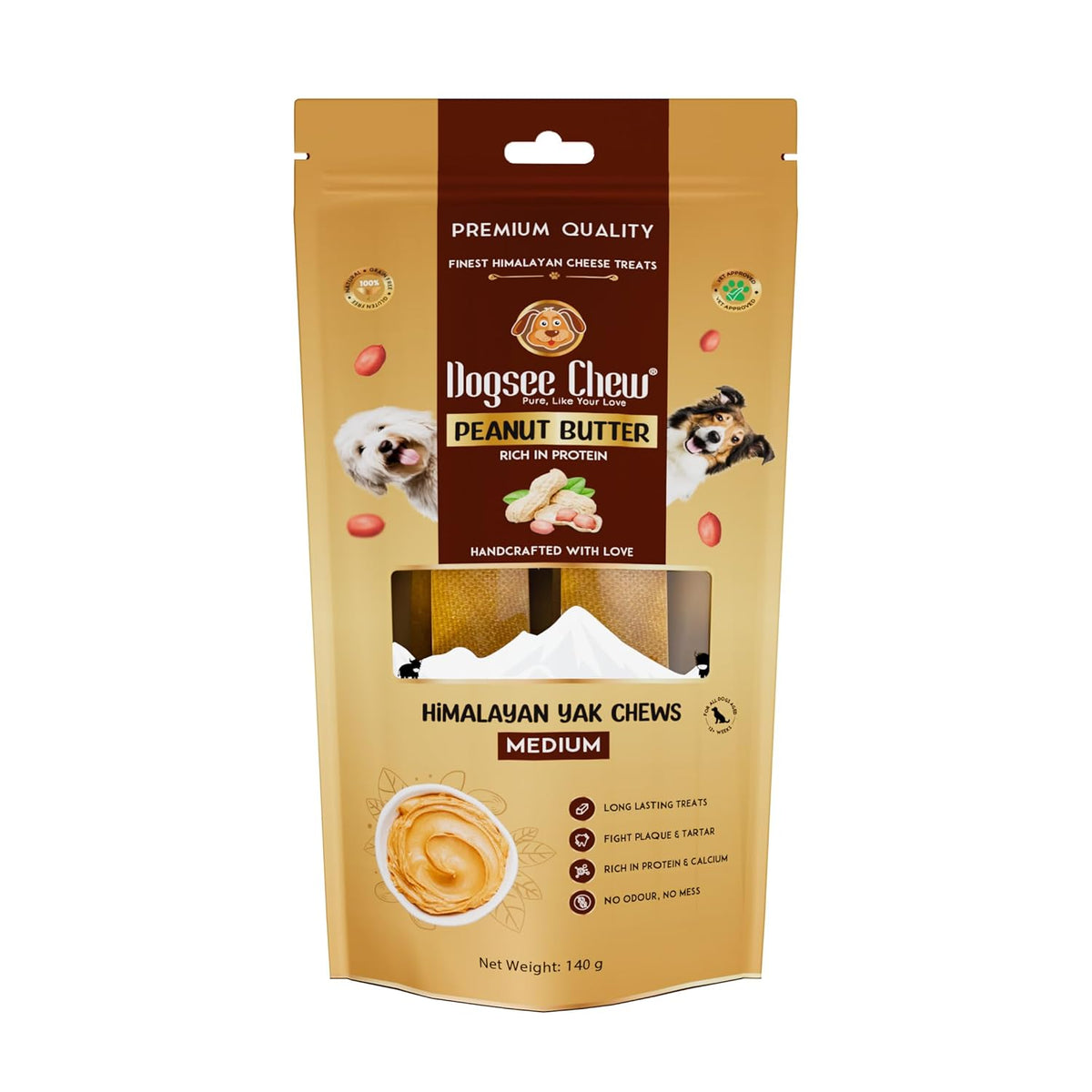 Dogsee Peanut Butter Infused 100% Natural Yak Chew Bones for Dogs 140 gm (Medium - 2 Chews) Healthy Alternative to Rawhide - High Protein, All Life Stages