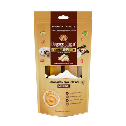 Dogsee Peanut Butter Infused 100% Natural Yak Chew Bones for Dogs 140 gm (Medium - 2 Chews) Healthy Alternative to Rawhide - High Protein, All Life Stages