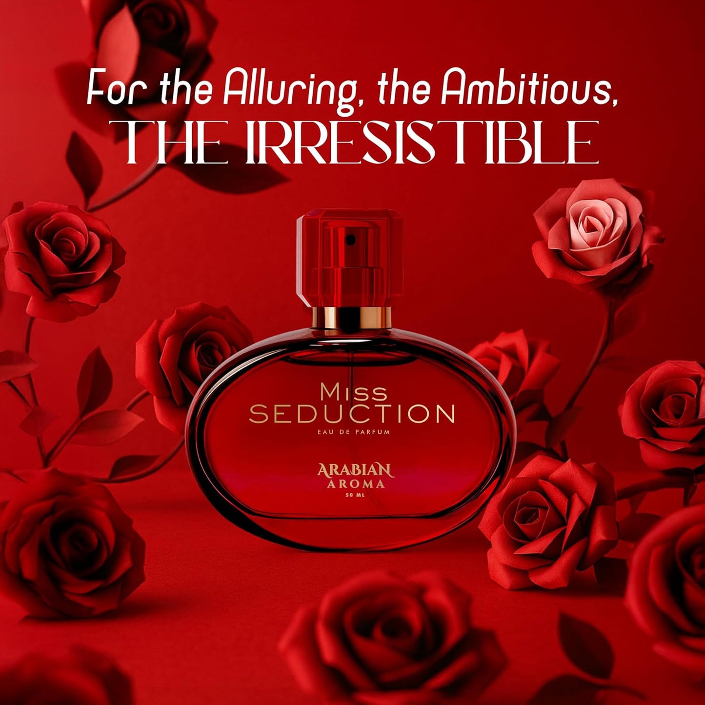 Miss Seduction perfume bottle surrounded by red roses on a red background