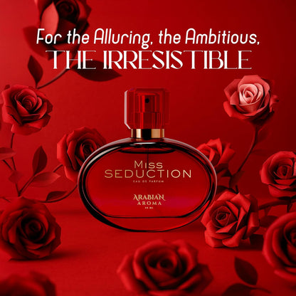 Miss Seduction perfume bottle surrounded by red roses on a red background