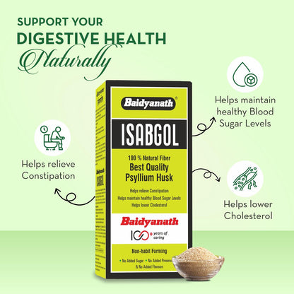 Baidyanath Isabgol packaging with health benefits on a green background