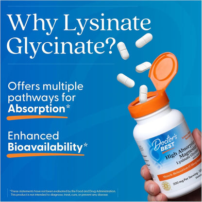 Advertisement for Doctor's Best Lysinate Glycinate supplement with text on a blue background