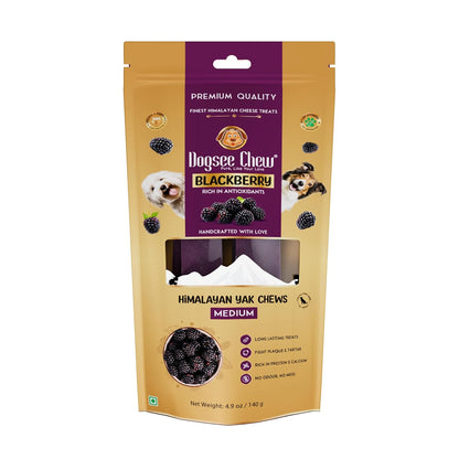 Dogsee Flavored Himalayan Yak Cheese Dental Chews for Dogs 140g (Medium - 2 Chews) | for Healthy Skin & Coat | No Grain, No Gluten | Odorless Dog Treats (Medium, BlackBerry)