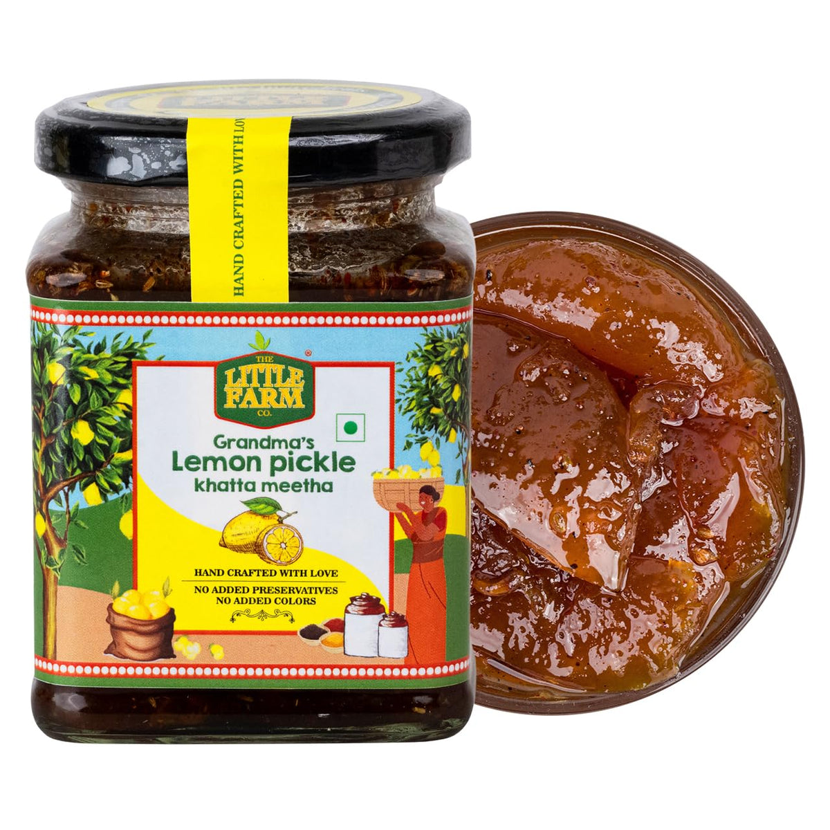 THE LITTLE FARM CO Sweet & Sour Lemon Pickle - Nimbu ka Achar | Oil Free | Homestyle Khatta Meetha Nimbu Pickles | No Added Preservatives, Artificial Colours & Flavours | Traditional Recipe
