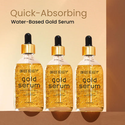 Three bottles of Swiss Beauty gold serum on a beige background