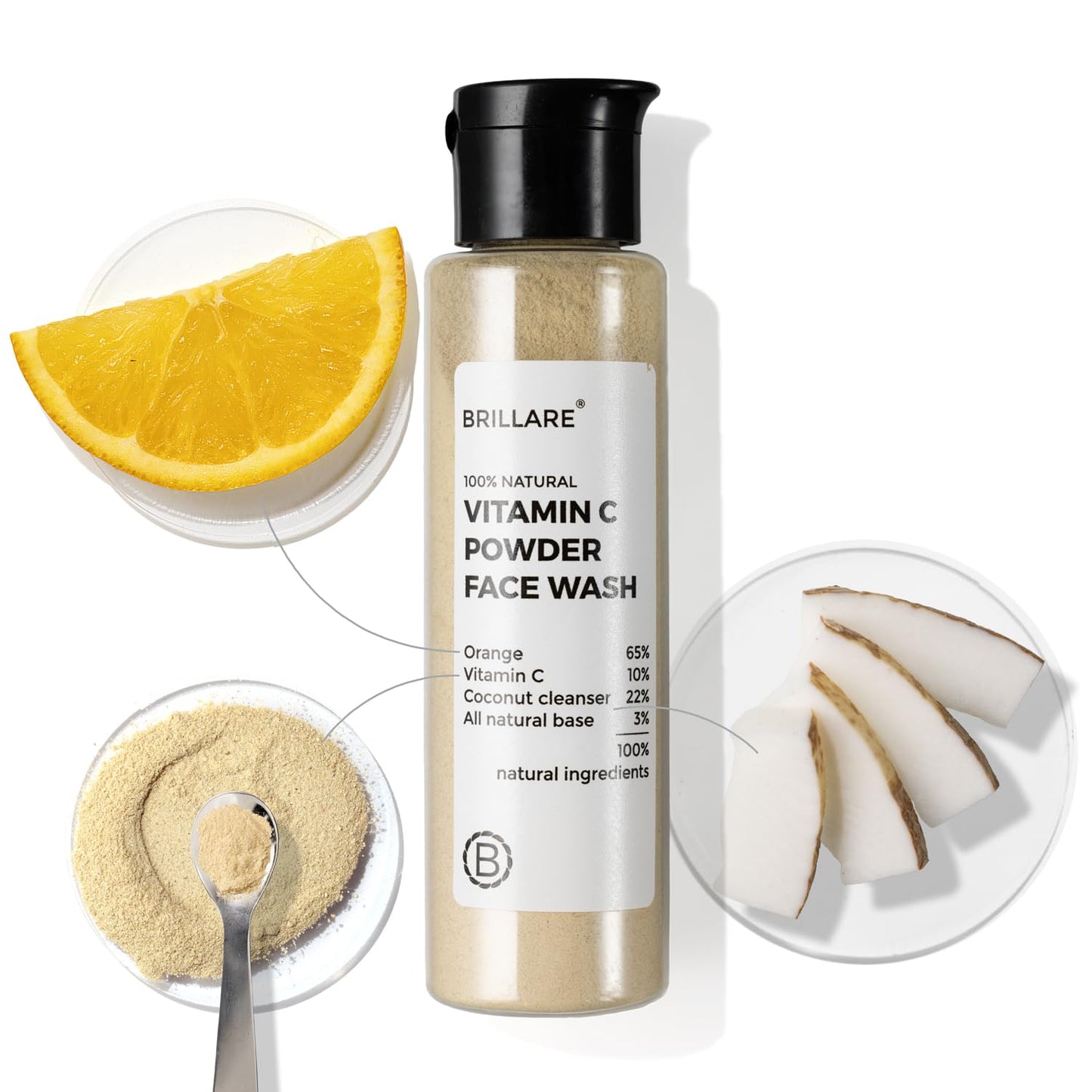Brillare Vitamin C Powder Face Wash for Glowing, Bright Looking Skin | 100% Natural Orange Powder & Vitamin C | Gentle Exfoliation for Women & Men | Zero Chemicals