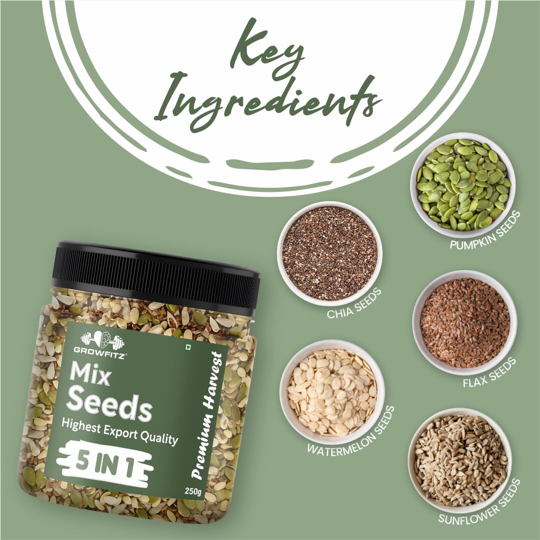 Growfitz 5 -in-1 Super Seed Mix | 250g | 20.5g High Protein & Fiber | Roasted Pumpkin, Sunflower, Flax, Chia, Soy Nuts & Sesame | Healthy Snack | Export Quality Superfood