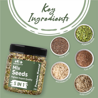 Growfitz 5 -in-1 Super Seed Mix | 250g | 20.5g High Protein & Fiber | Roasted Pumpkin, Sunflower, Flax, Chia, Soy Nuts & Sesame | Healthy Snack | Export Quality Superfood