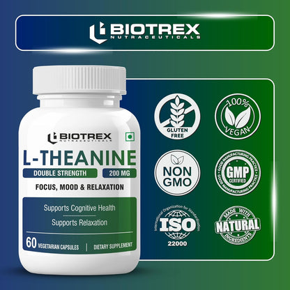 Biotrex Nutraceuticals L-Theanine 200mg Double Strength, Non-Drowsy Support | Helps Cognitive Health & Relaxation - 60 Veg Capsules