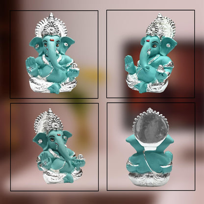 999 Silver Plated Ganesha Idol for Home Decor Puja |Ganesh Idol for Home Decor Ganpati for Gift 3.5 inches |Ganesh Statue Gift for Office Desk Puja Room Figurine (8.89 x 5.08 cm) (Blue)