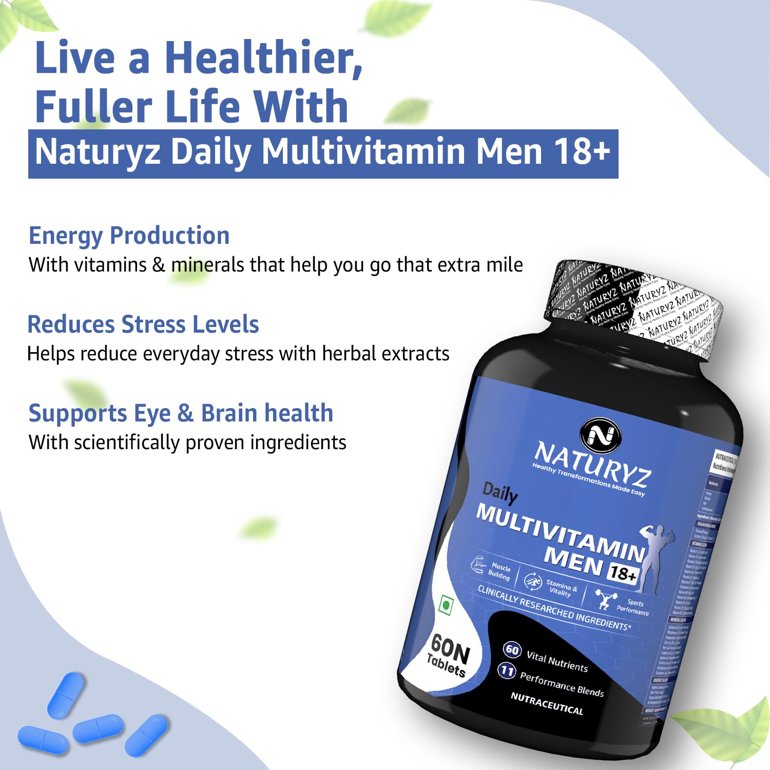 Naturyz Daily Multivitamin Men 18+ supplement bottle with product benefits on a light blue background