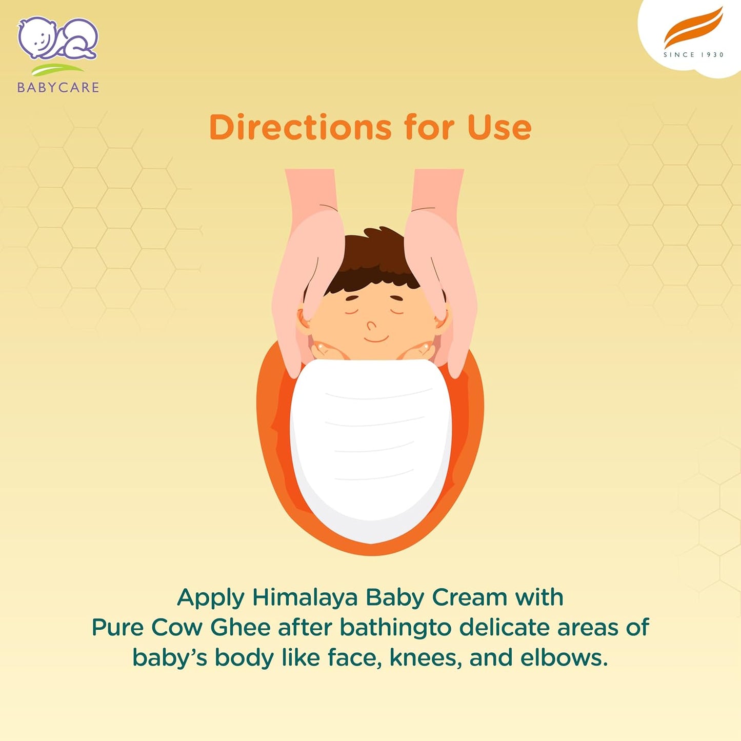 Baby care product instruction card with a baby illustration and text on a yellow background