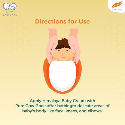 Baby care product instruction card with a baby illustration and text on a yellow background