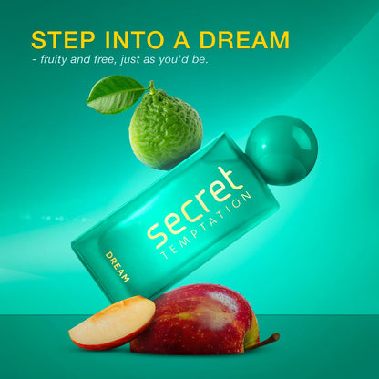 Teal bottle labeled 'Secret Temptation' with a green fruit and apple on a teal background