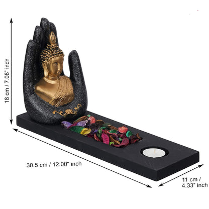 eCraftIndia Grey Golden Resin Palm Buddha Statue Tea Light Candle Holder | Lord Buddha Idol Tea Light Holder | Diwali Decoration Items for Home Decor | Buddha Showpiece Gift for Diwali Housewarming